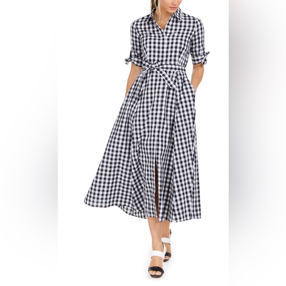 Calvin Klein Cotton Gingham Midi Dress   Size 12